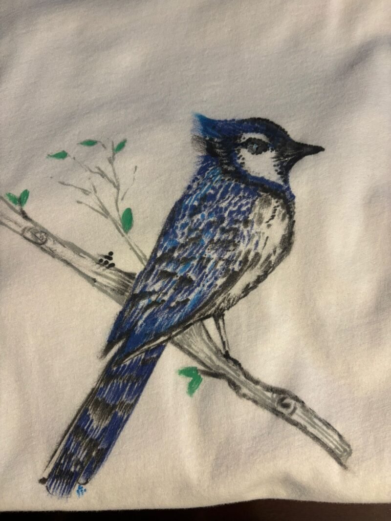 Handpainted White V-Neck Bluejay T-Shirt - Image 2