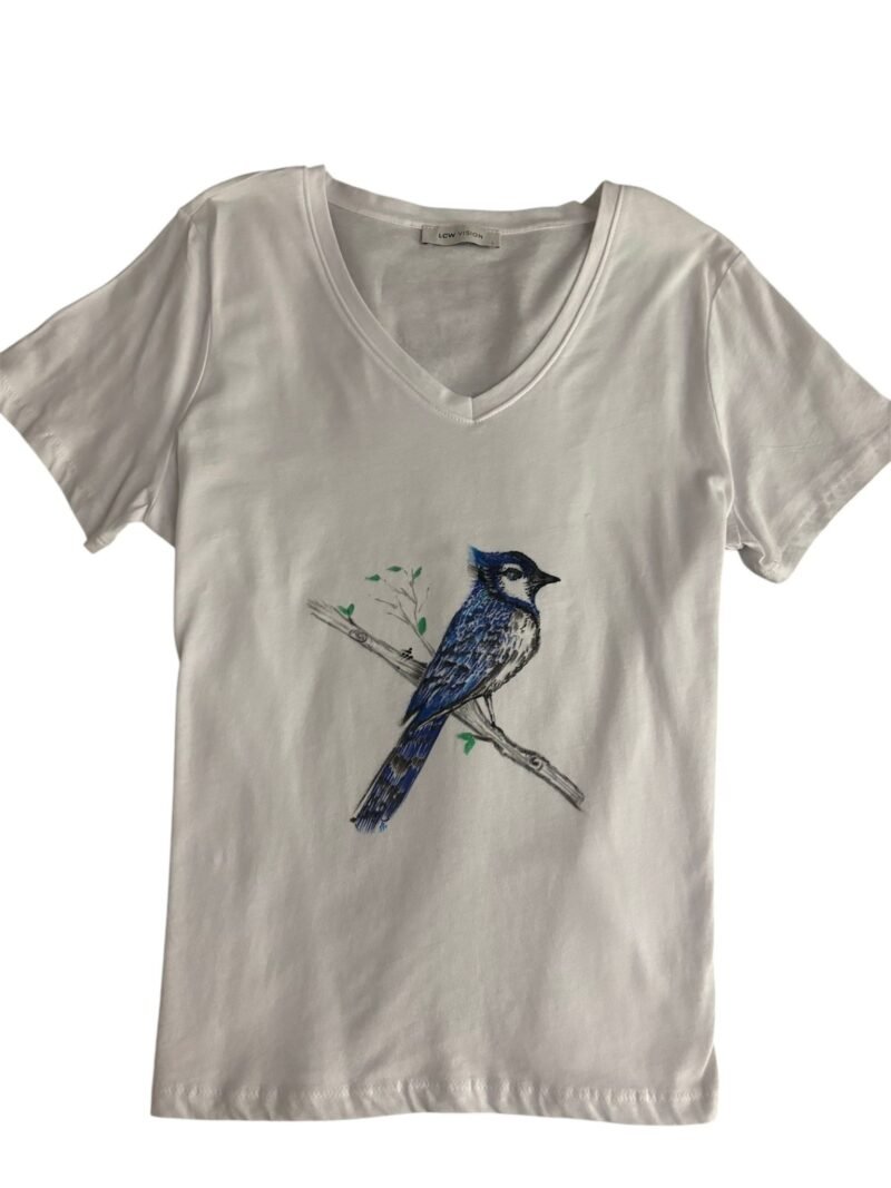 Handpainted White V-Neck Bluejay T-Shirt