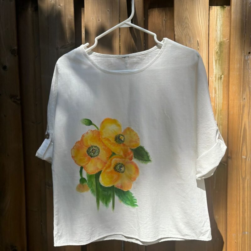 Handpainted Yellow Poppy Linen 3/4 Sleeve Top