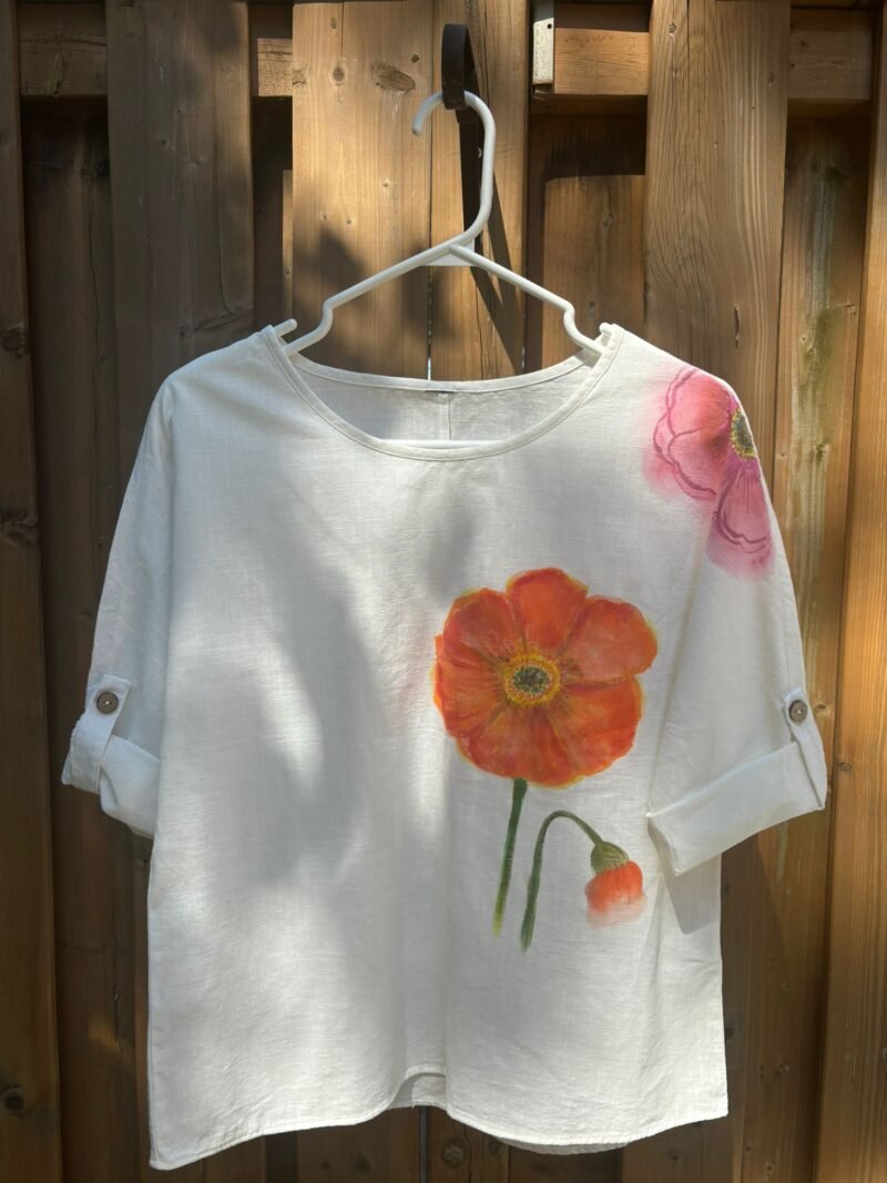 Handpainted Red Poppy Linen 3/4 Sleeve Top