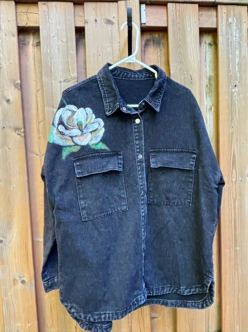 Black Denim Lose Jacket with Handpainted White Roses