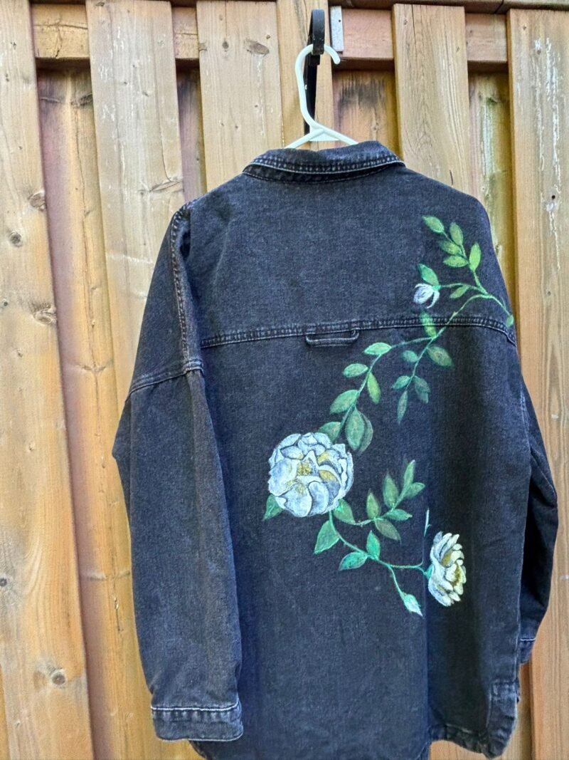 Black Denim Lose Jacket with Handpainted White Roses - Image 2