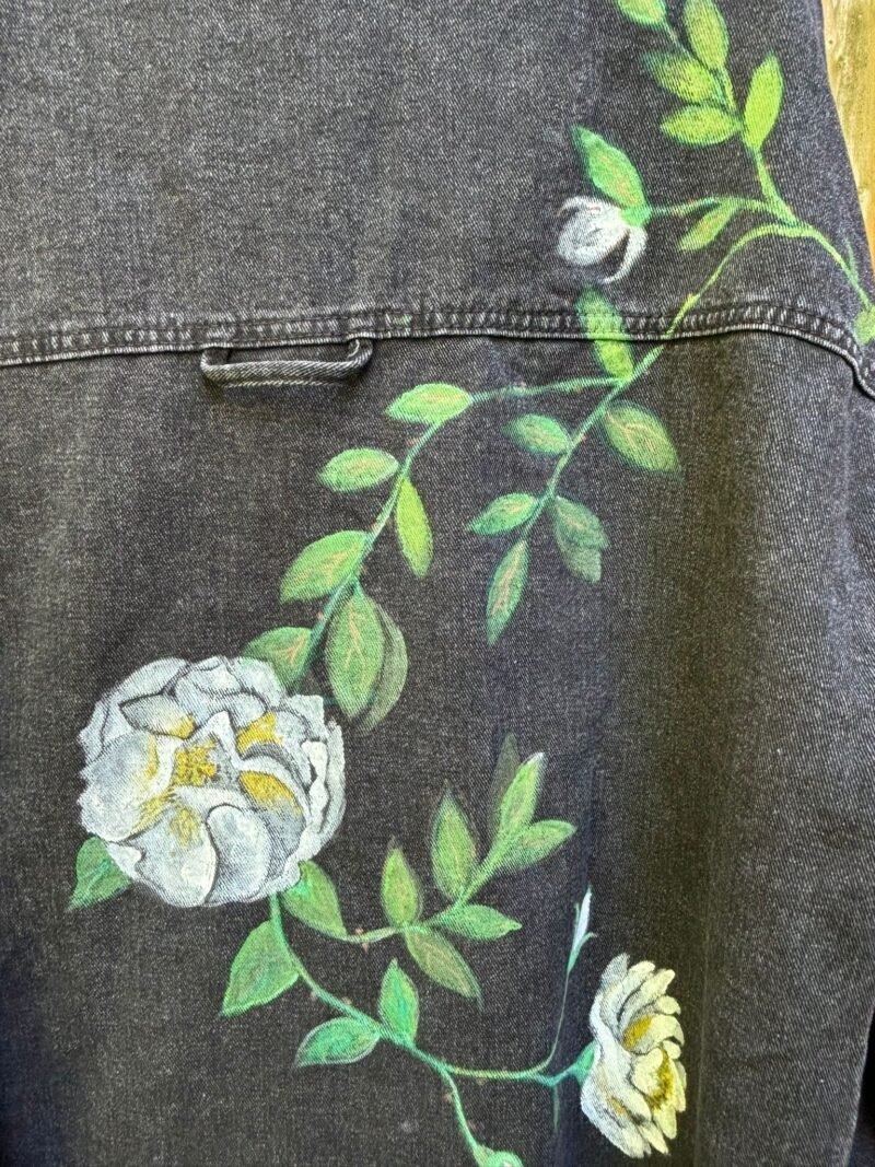 Black Denim Lose Jacket with Handpainted White Roses - Image 3