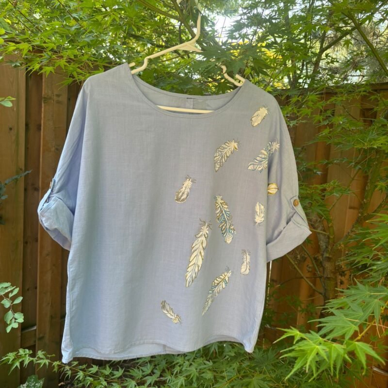 Linen 3/4 Sleeve with Handmade Feather Design