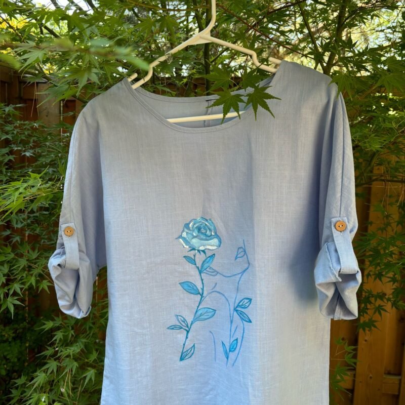 Blue Rose Handpainted Linen 3/4 Sleeve Top