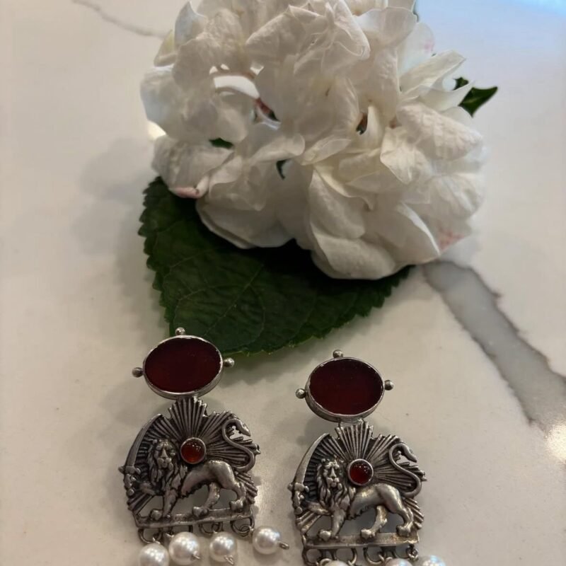 Lion & Sun Persian Earrings With Red Gems