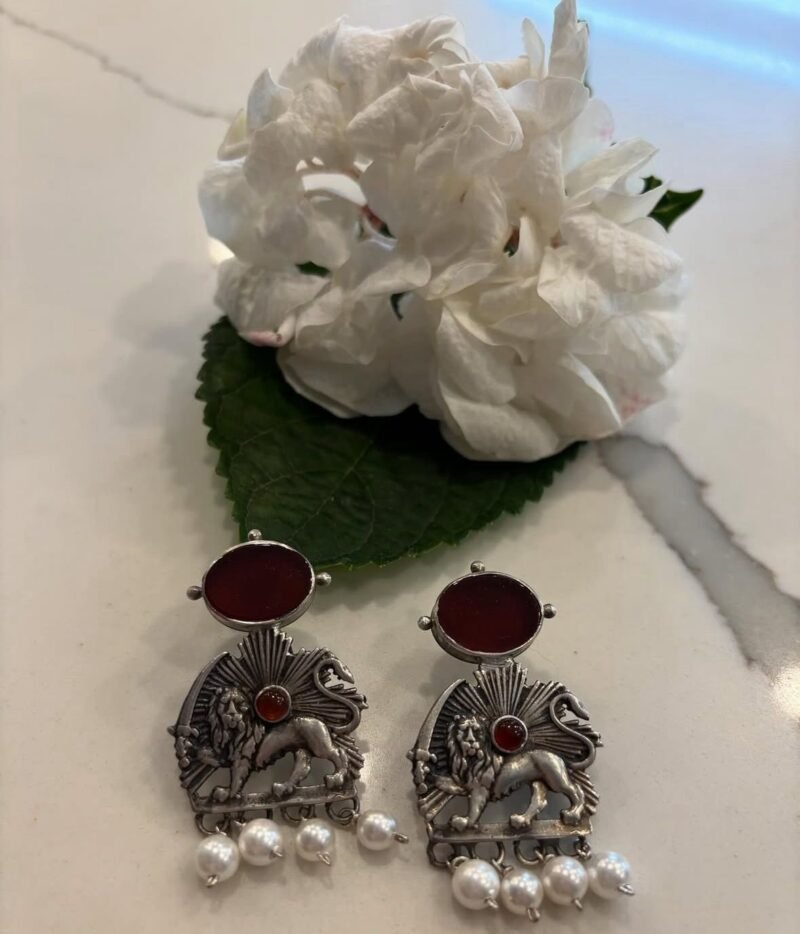 Lion & Sun Persian Earrings With Red Gems