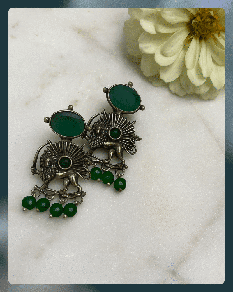 Lion & Sun Persian Earrings With Green Gems