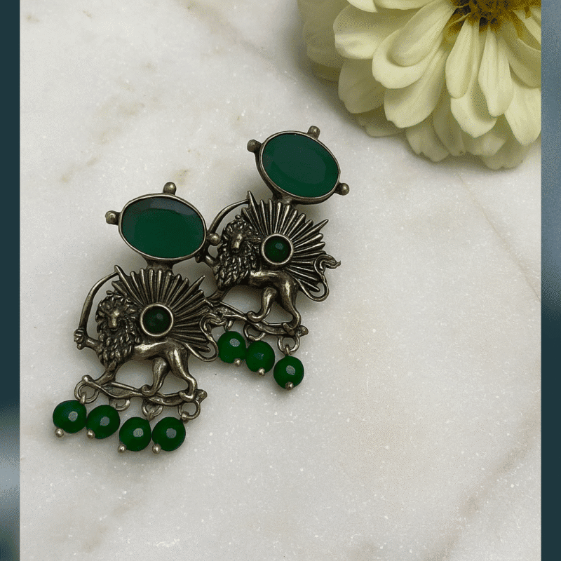 Lion & Sun Persian Earrings With Green Gems